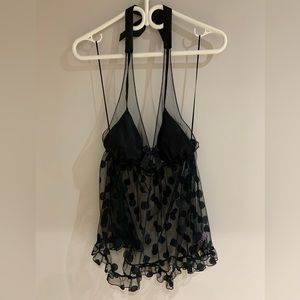 La Senza Sheer/Satin Black Polka Dot Halter Babydoll/Teddy Size L